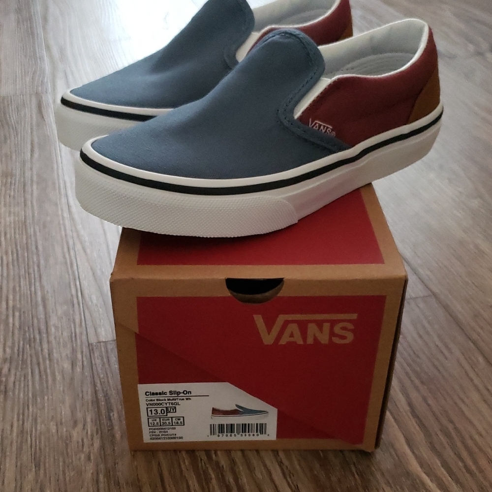 Vans Classic Slip-On Sneakers in Blue, Red & Brown